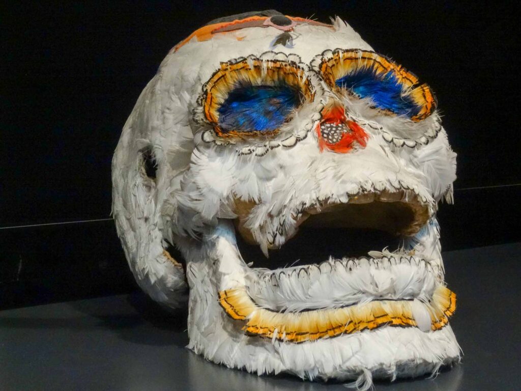 Ausstellungsstück: Totenkopf mit Federschmuck im MAP Museo. Foto: Lisa Freudlsperger