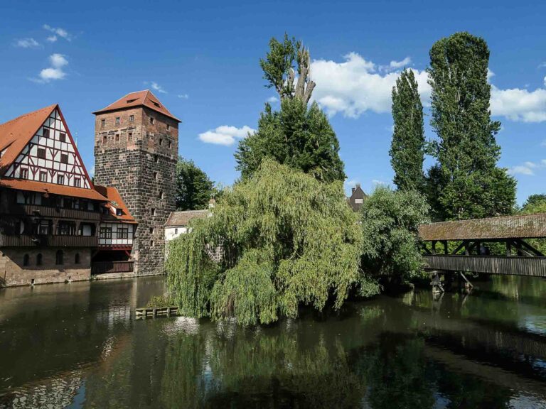 Blick auf Fachwerkhaus und steinernen Turm am Fluss Foto: Lisa Freudlsperger