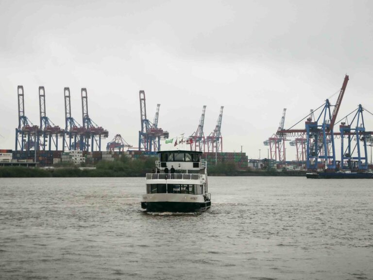Boot fährt über den Fluss, Krane im Hintergrund Foto: Lisa Freudlsperger