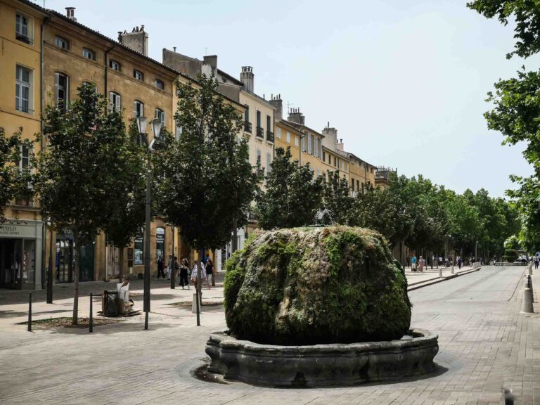 Grün bewachsener Felsen in der Mitte einer Einkaufsstraße Foto: Lisa Freudlsperger