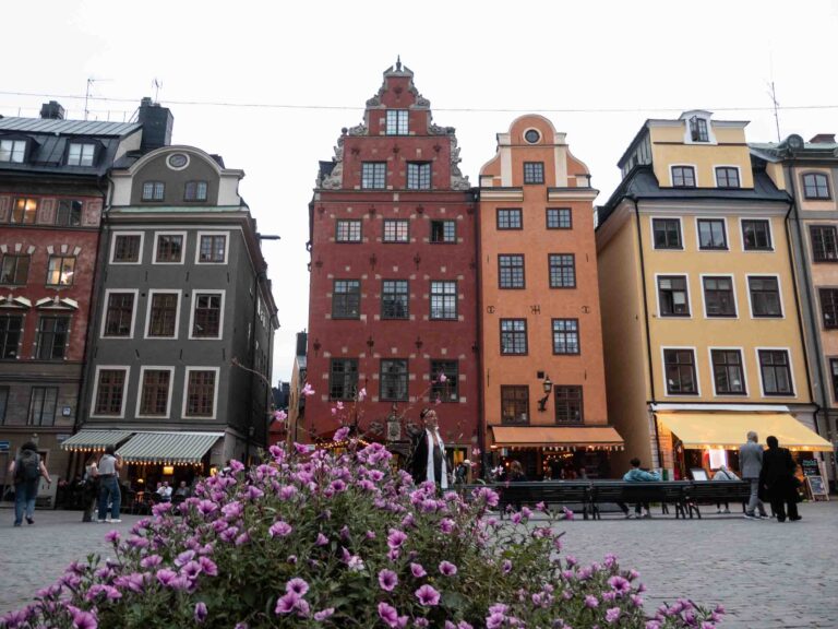 Mehrstöckige bunte Häuser an einem Stadtplatz in Stockholm, Blumen im Vordergrund Foto: Lisa Freudlsperger