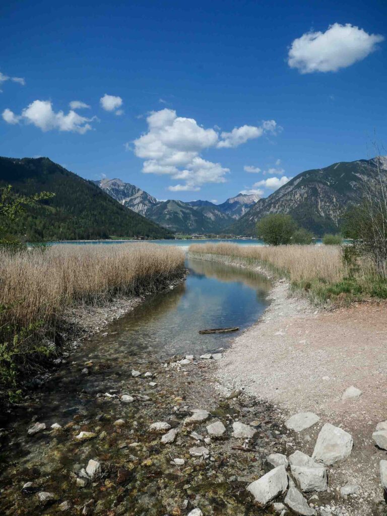 Fluss, der auf einen türkisen See zuführt mit Bergen im Hintergrund. Foto: Lisa Freudlsperger